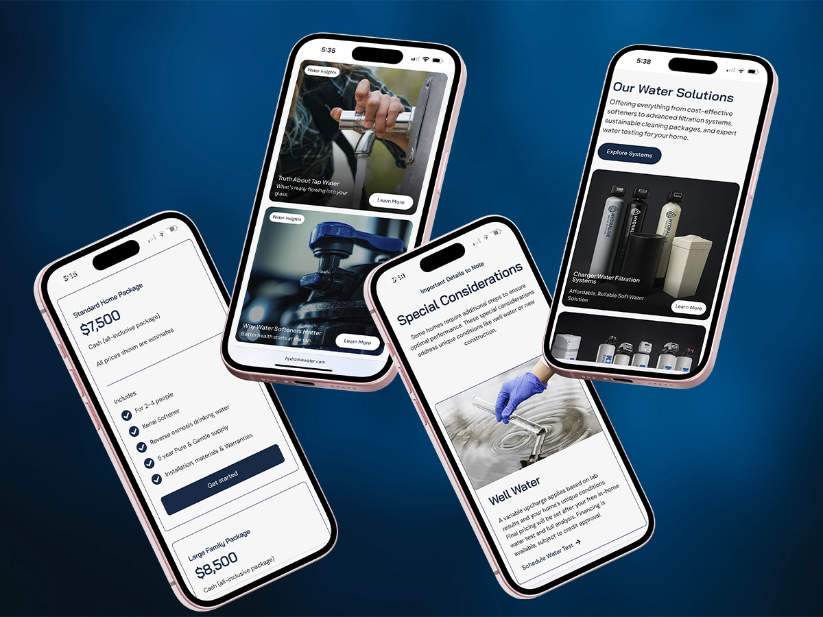 Mobile screens showcasing a water solutions website with pricing packages, filtration systems, and educational content about water quality.