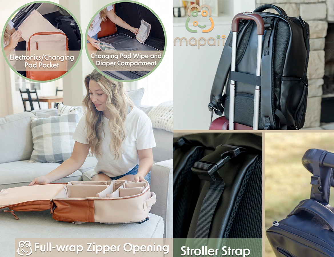 Collage showcasing MAPAII diaper backpack features including electronics pocket, changing pad compartment, full-wrap zipper opening, stroller strap, and travel-friendly luggage strap.