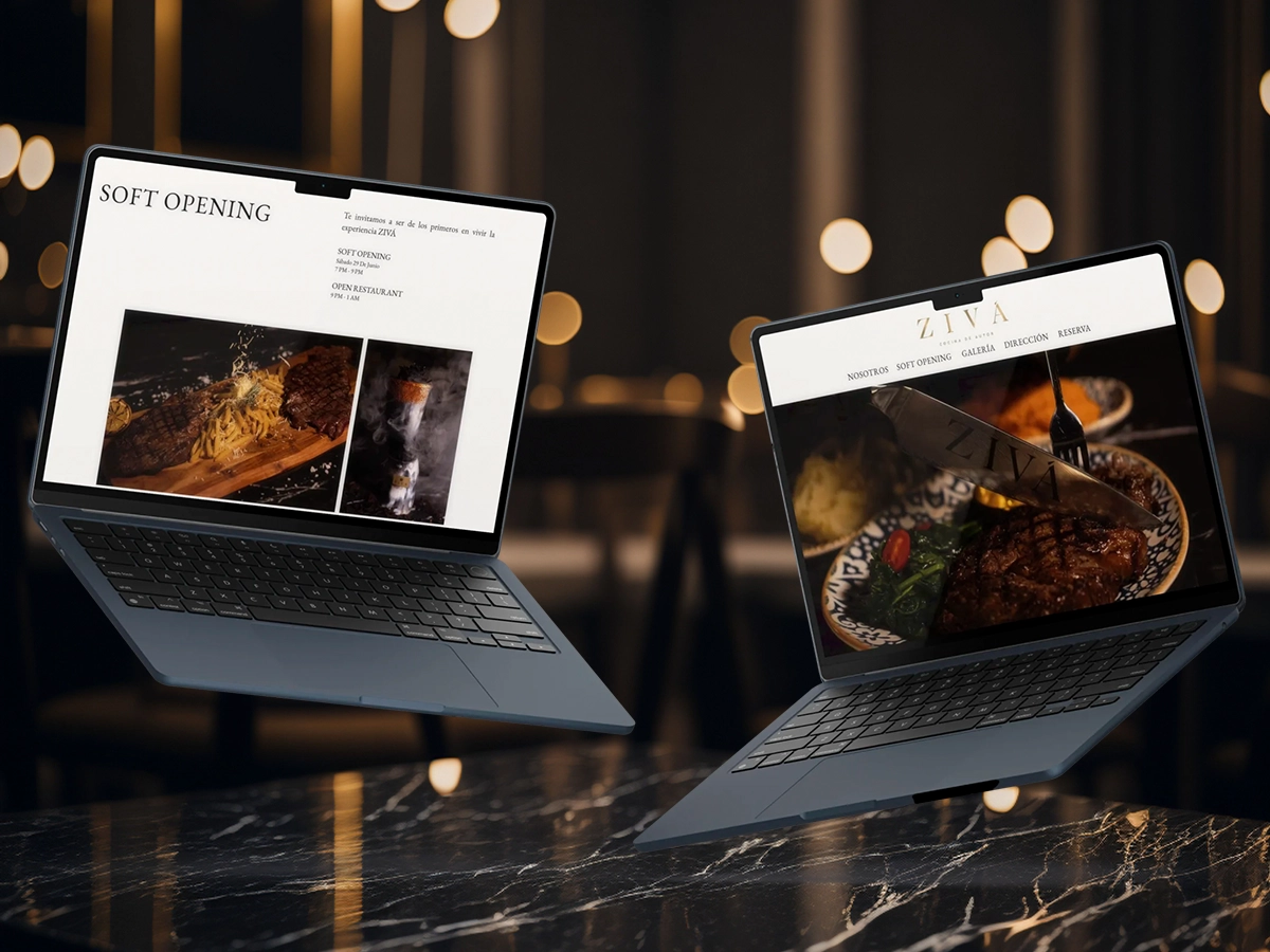 Two laptops displaying the ZIVA restaurant website, showcasing steak dishes and announcing the soft opening event.