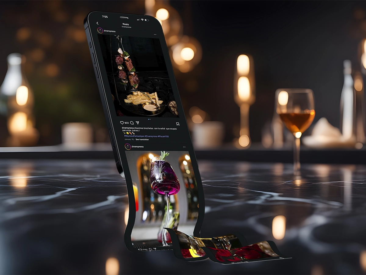 Creative concept of a smartphone on a marble table with its screen visually melting into flowing images of food and drinks.