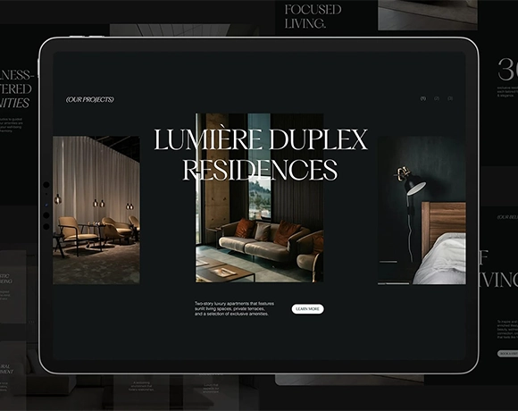 Tablet screen displaying a modern website design for Lumiere Duplex Residences with elegant typography and luxury interior photography.
